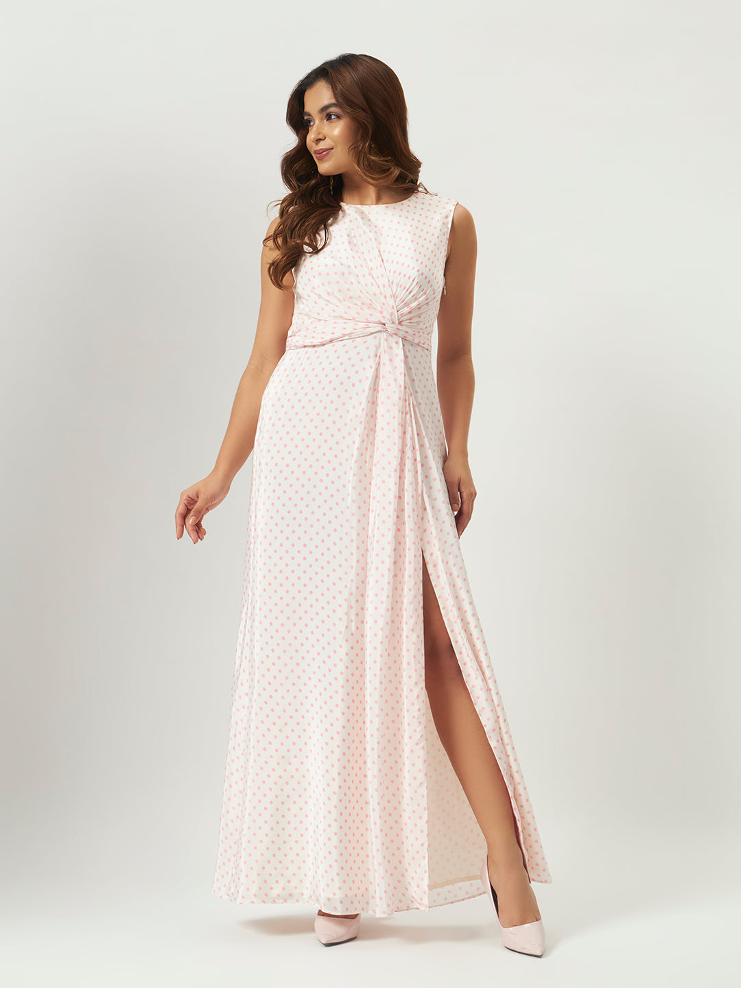 Pink Polka Dot Twist-Front Maxi Dress