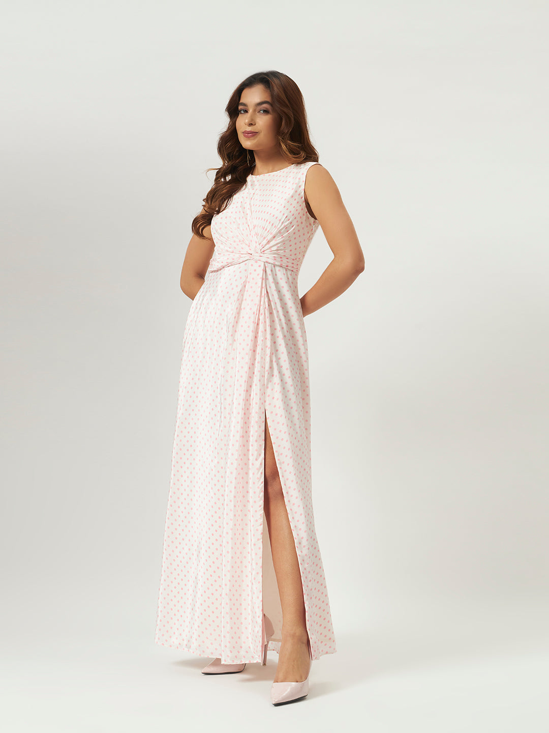 Pink Polka Dot Twist-Front Maxi Dress