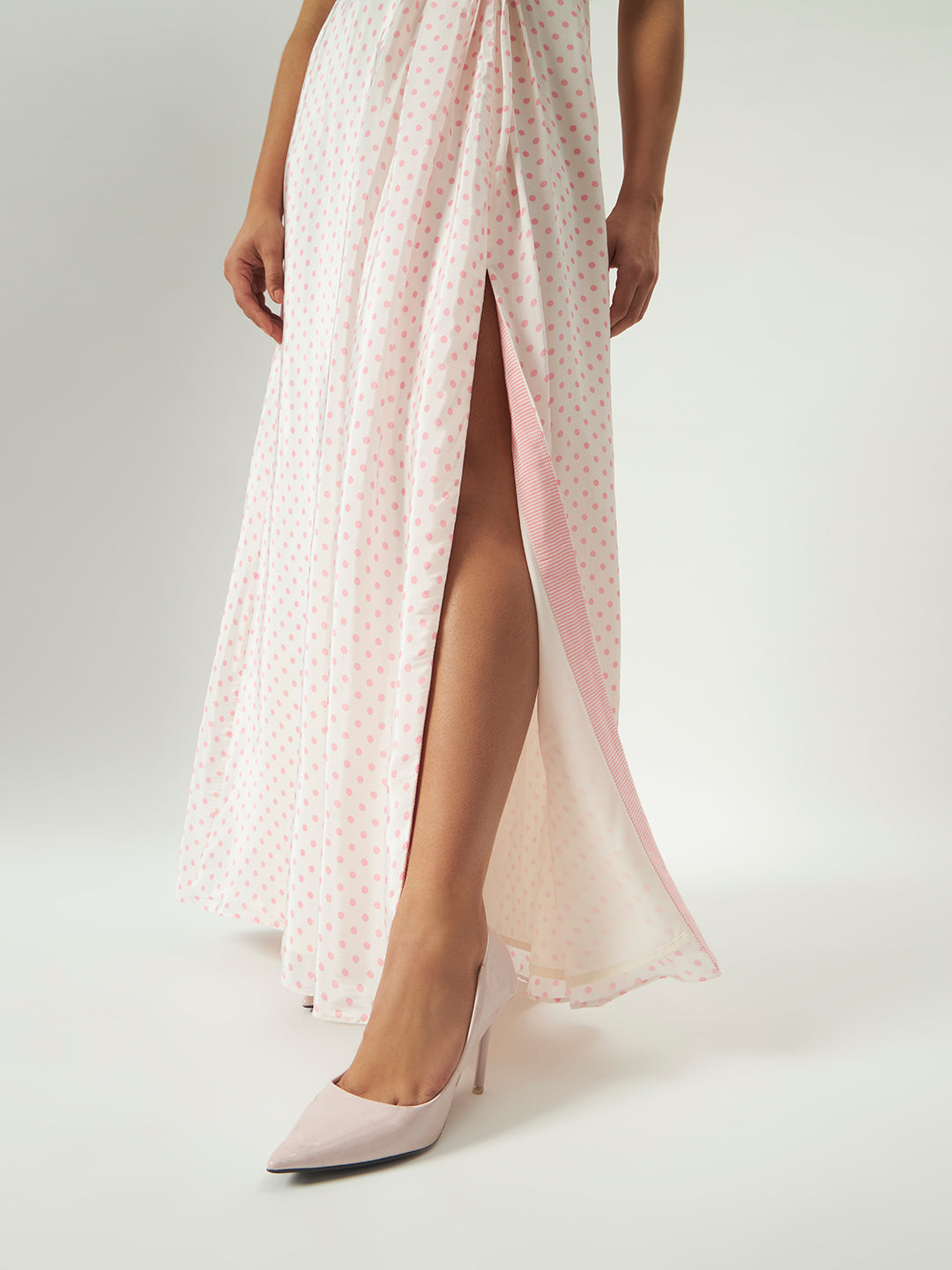 Pink Polka Dot Twist-Front Maxi Dress