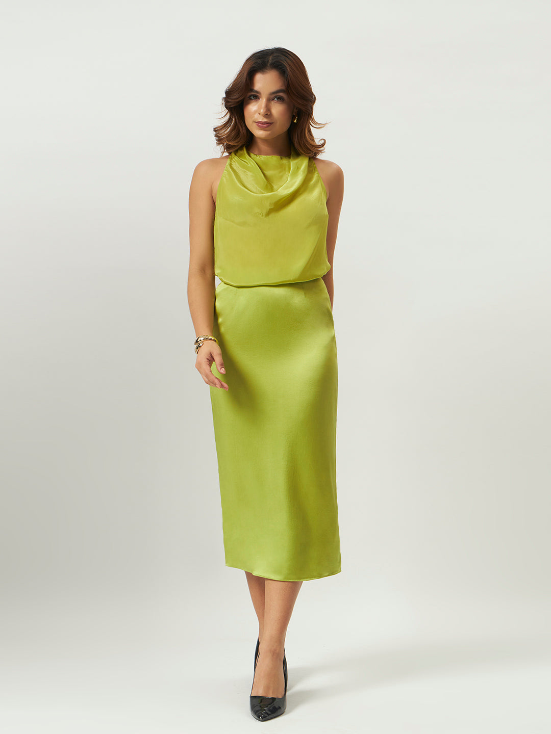 Lime Sorbet Cowl Neck Top & Midi Skirt Set
