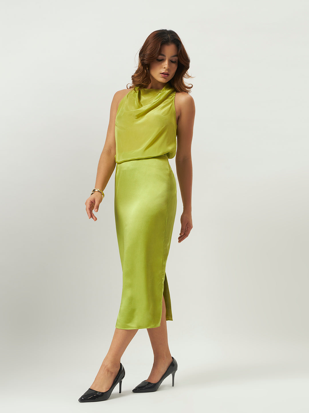 Lime Sorbet Cowl Neck Top & Midi Skirt Set