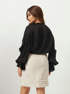 Black Georgette Satin Ruffled Blouse
