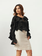 Black Georgette Satin Ruffled Blouse