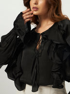 Black Georgette Satin Ruffled Blouse