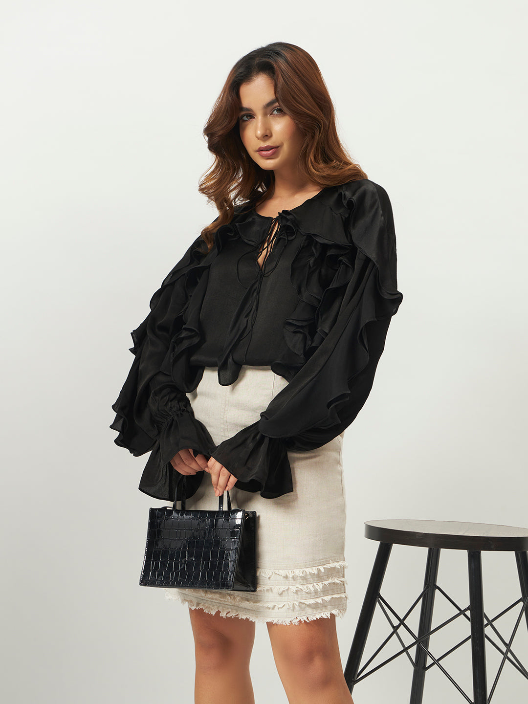 Black Georgette Satin Ruffled Blouse