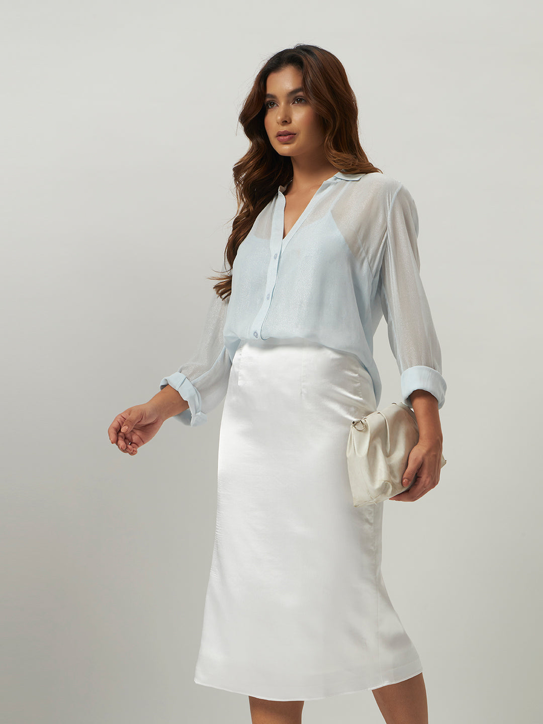 Celeste Shimmer Shirt & Luna Satin Midi Skirt Set