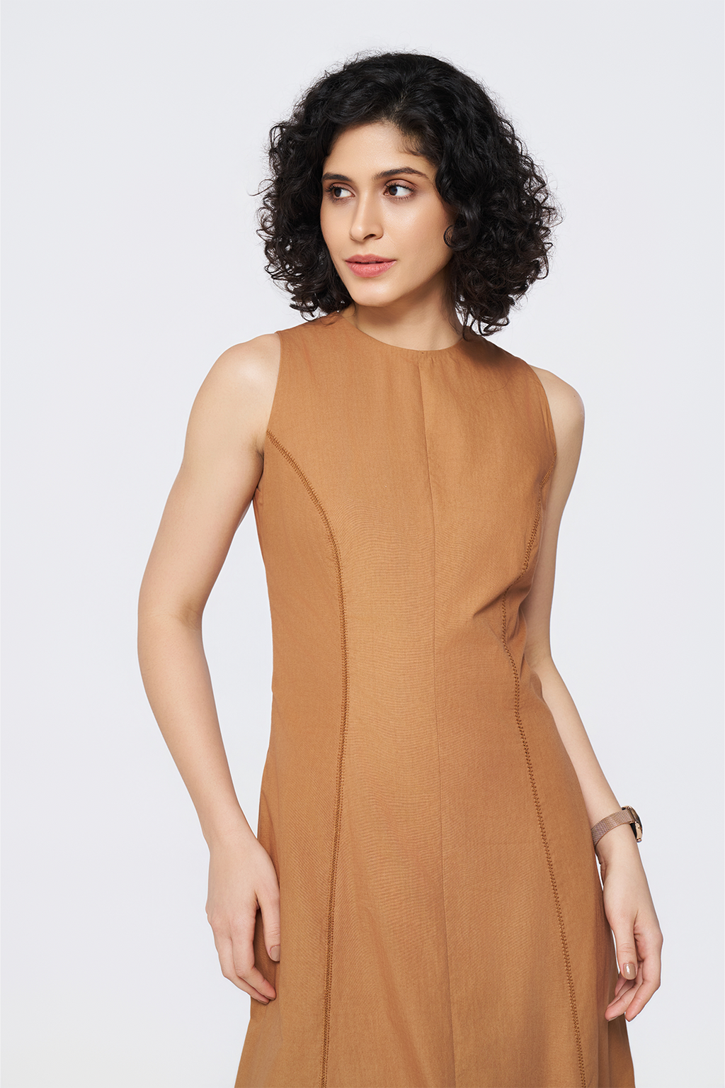 Rust Horizon Linen-Blend Midi Dress