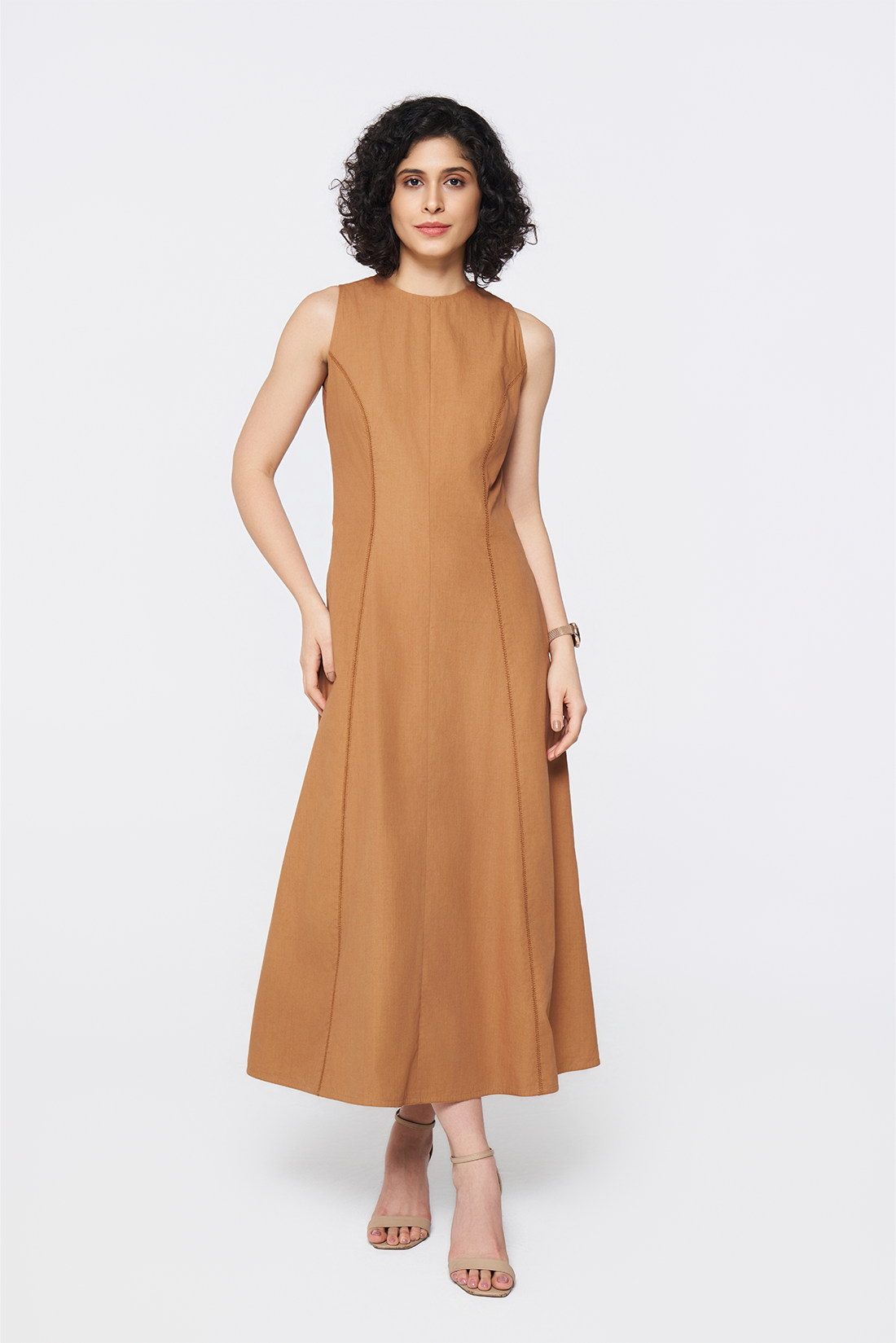 Rust Horizon Linen-Blend Midi Dress