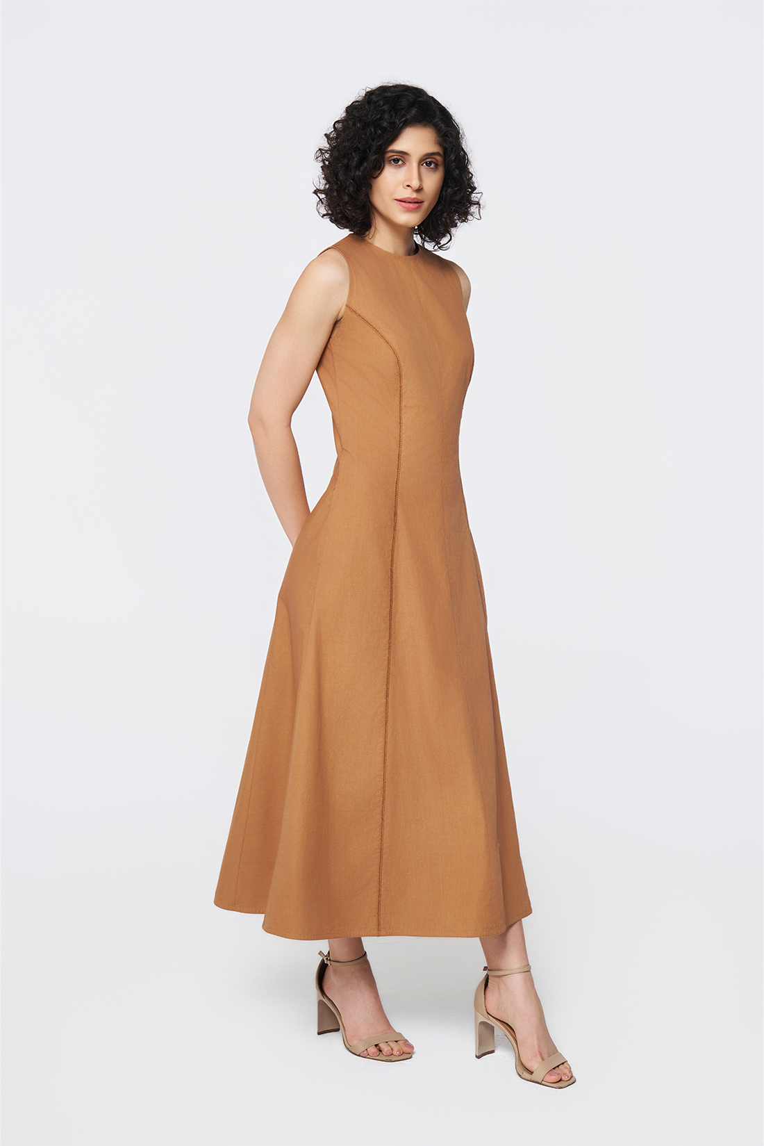 Rust Horizon Linen-Blend Midi Dress