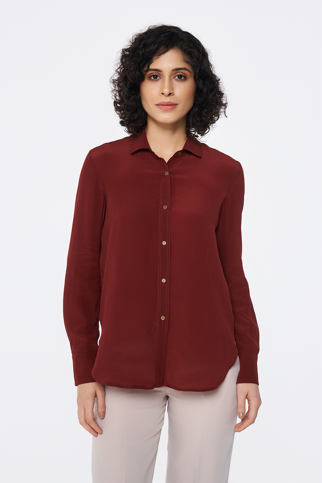 Brick Red Long-Sleeve Button-Down Blouse
