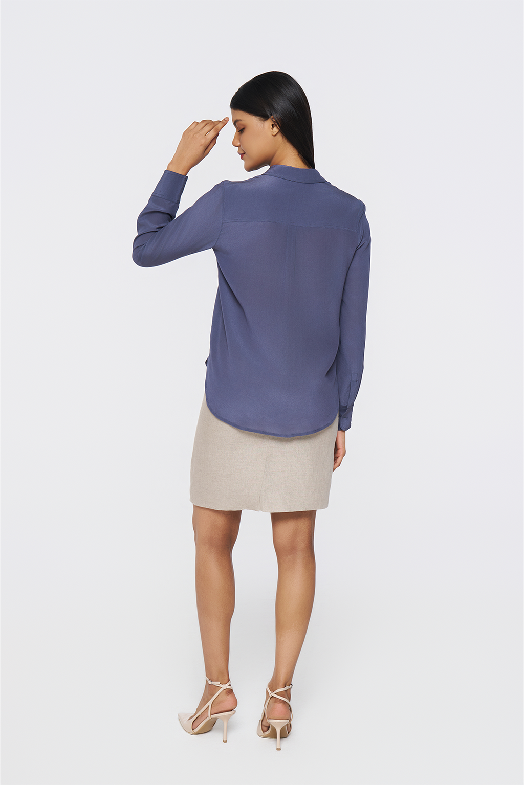 Charcoal Blue Long-Sleeve Button-Down Blouse