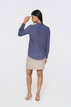 Charcoal Blue Long-Sleeve Button-Down Blouse