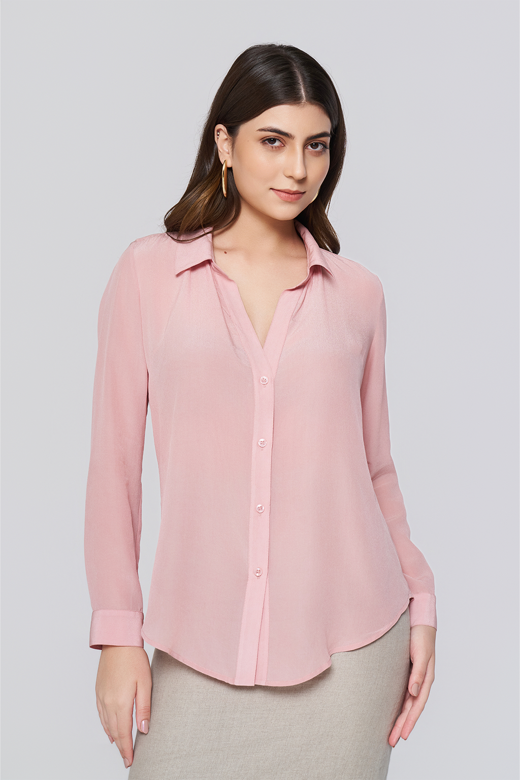 Pink Long-Sleeve Button-Down Blouse