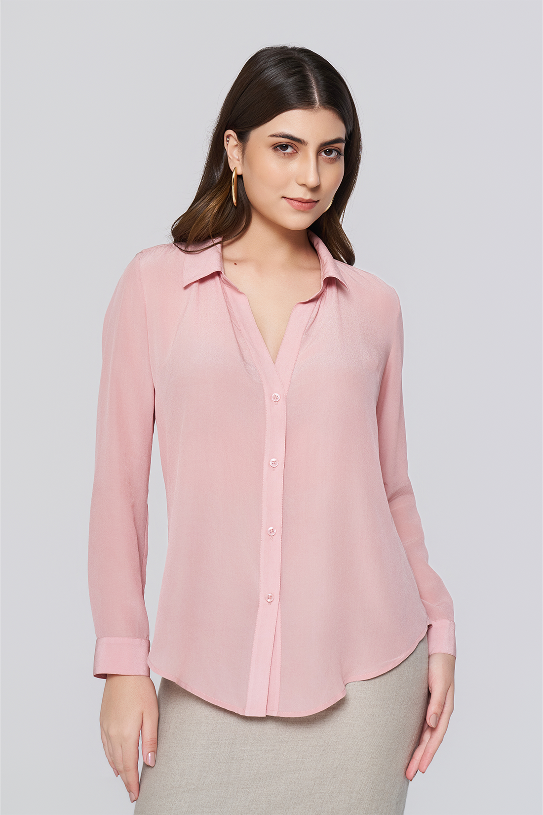 Pink Long-Sleeve Button-Down Blouse