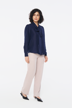 Navy Silk Tie-Neck Blouse