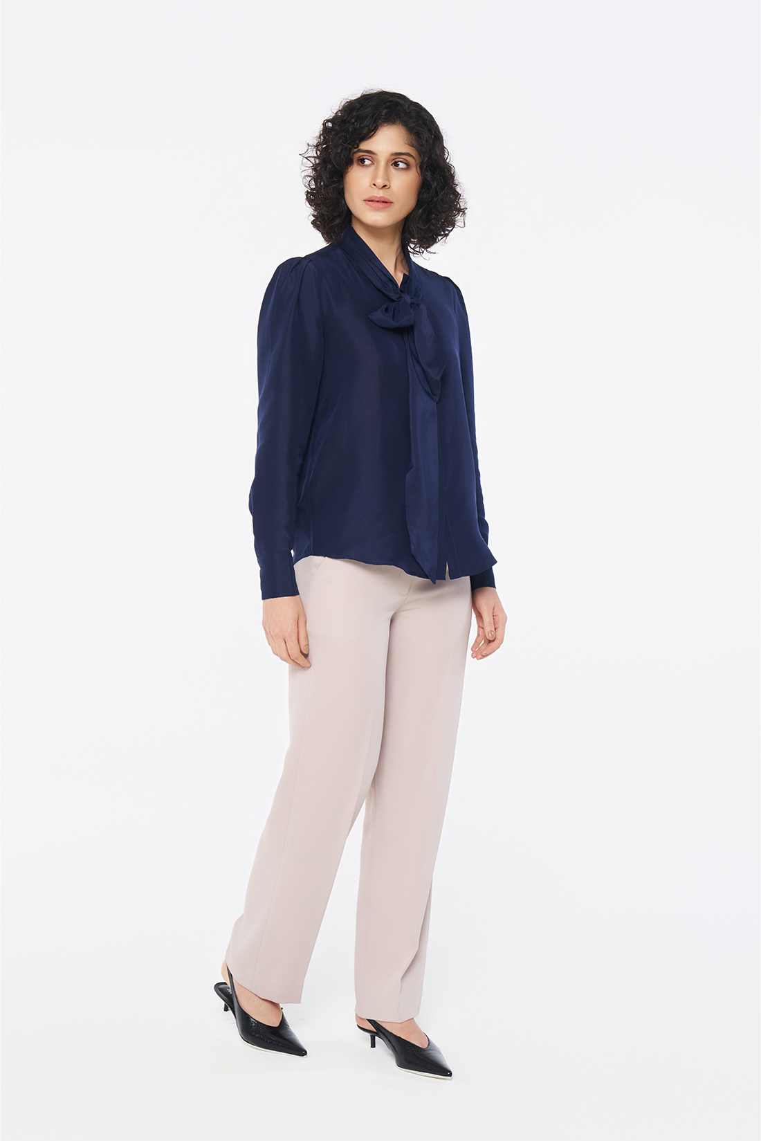 Navy Silk Tie-Neck Blouse