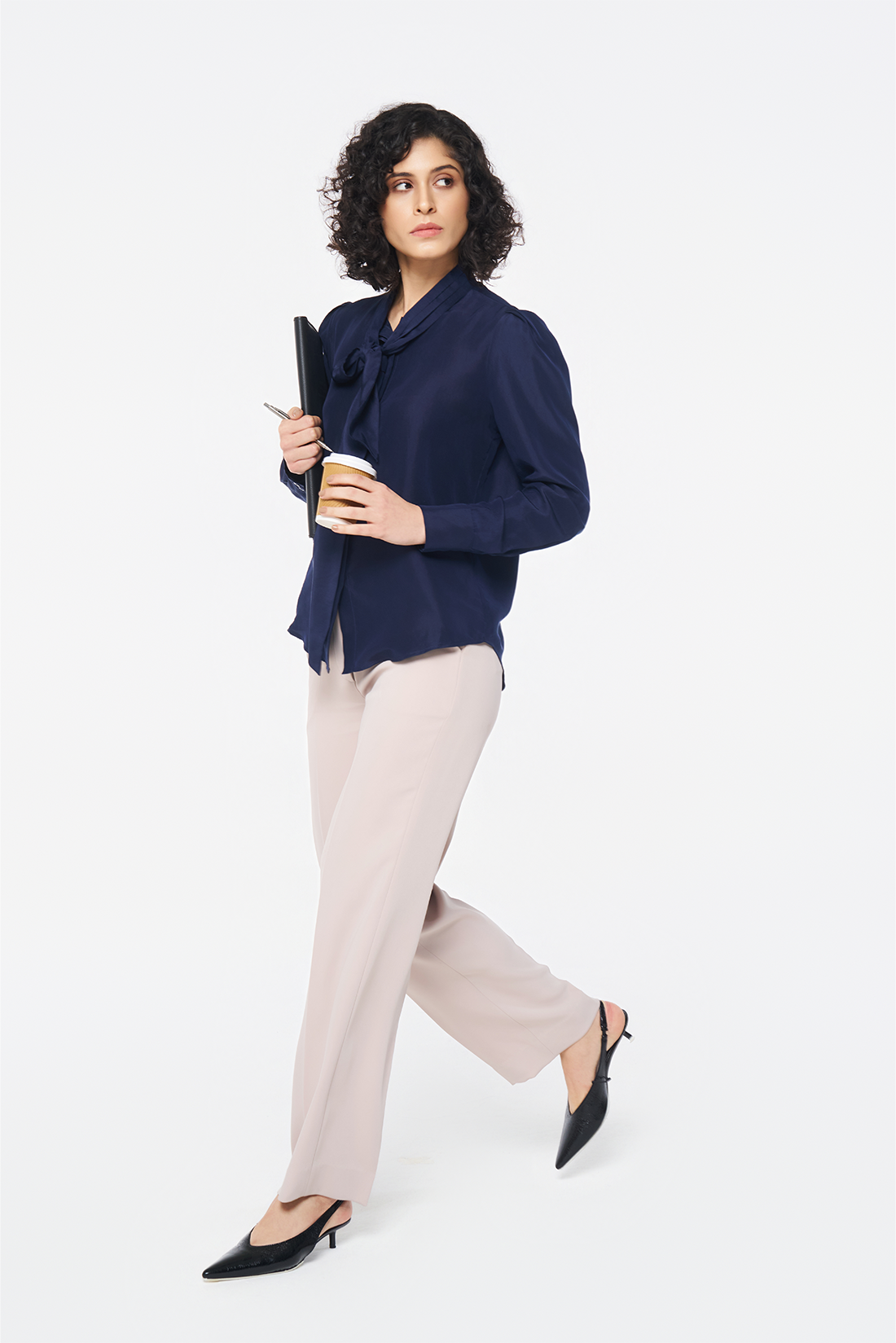 Navy Silk Tie-Neck Blouse