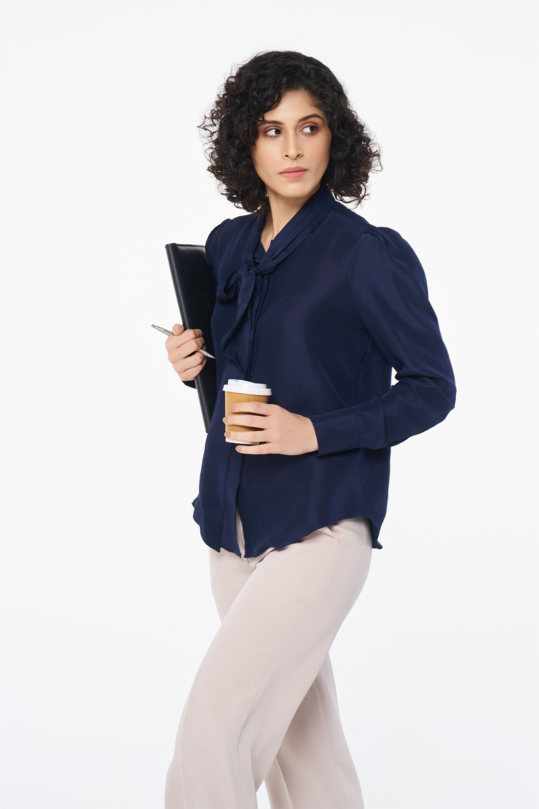 Navy Silk Tie-Neck Blouse