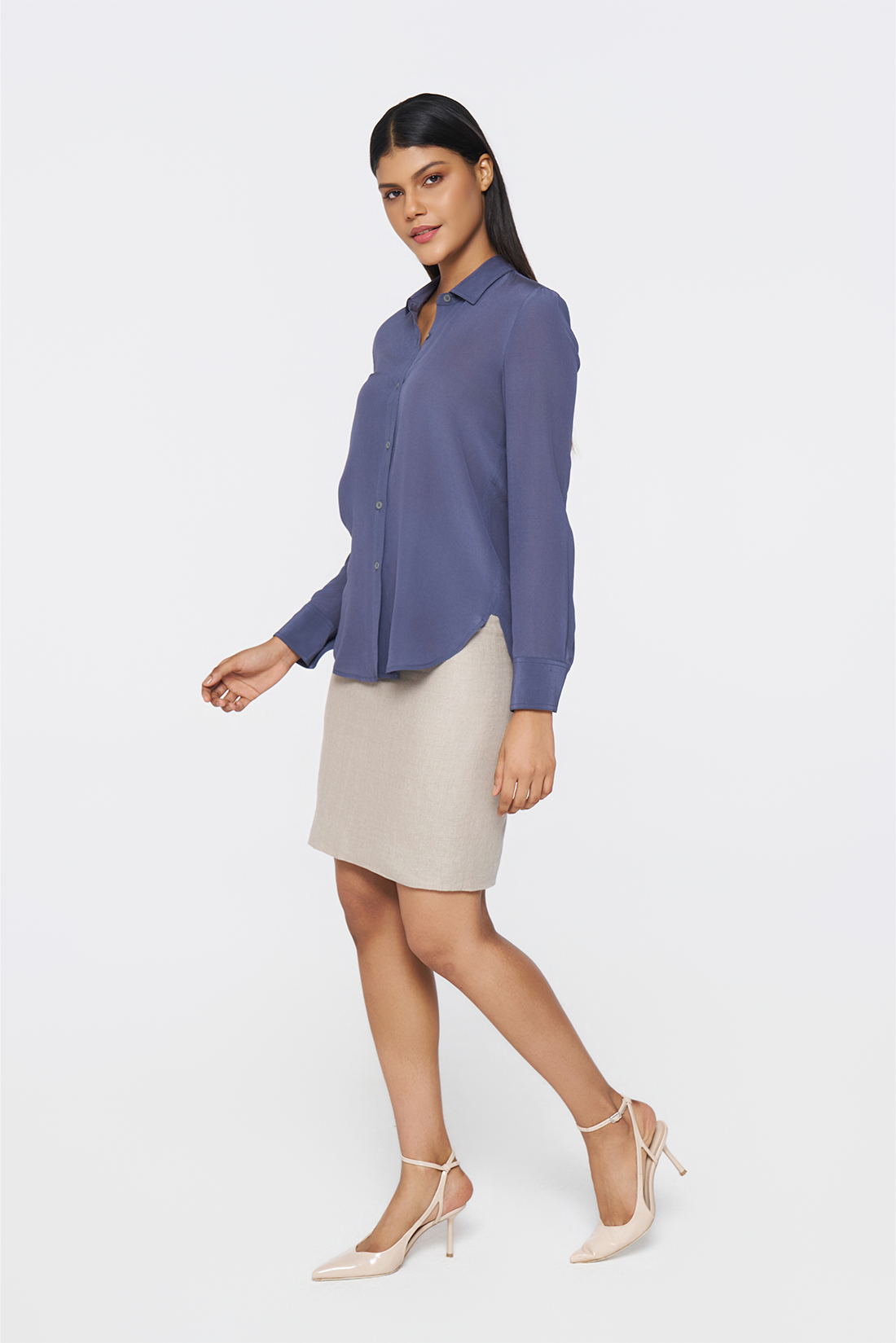 Charcoal Blue Long-Sleeve Button-Down Blouse