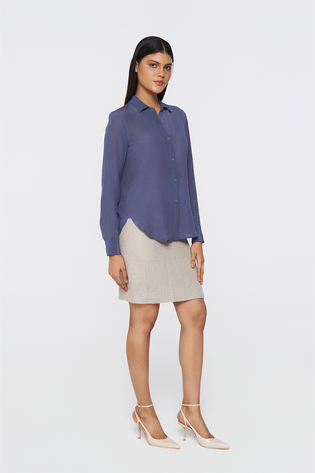 Charcoal Blue Long-Sleeve Button-Down Blouse