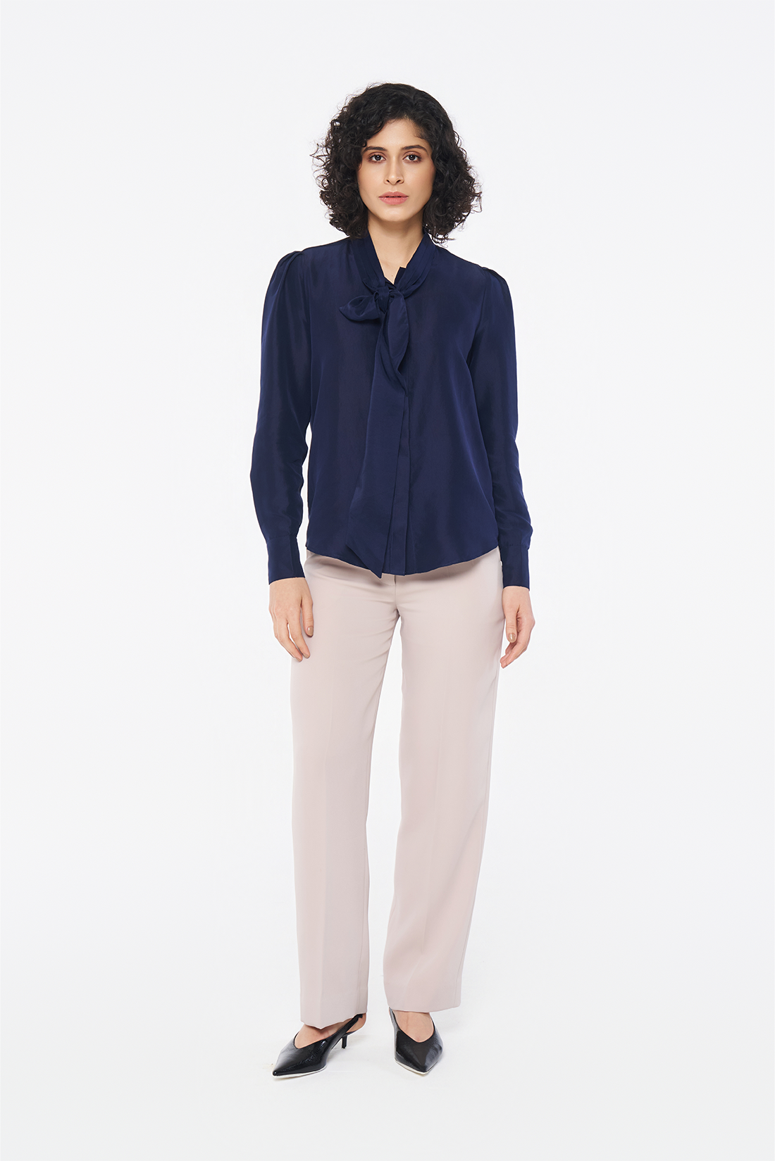 Navy Silk Tie-Neck Blouse