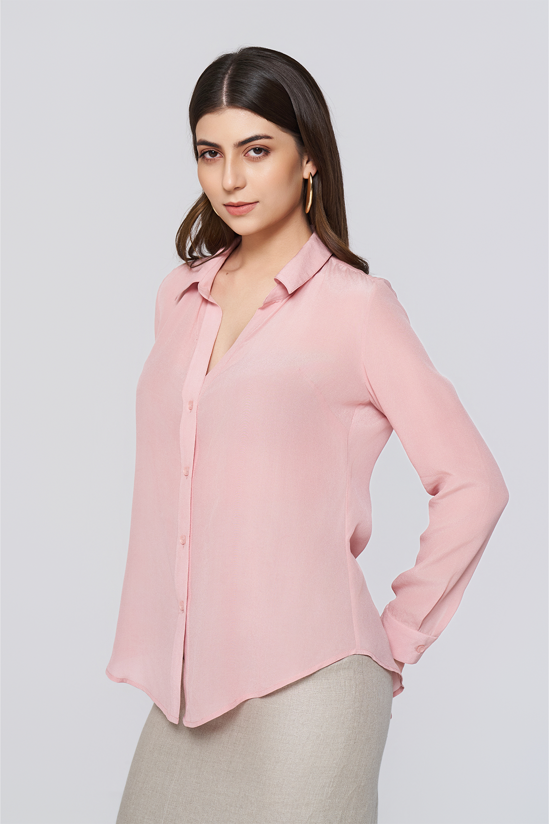Pink Long-Sleeve Button-Down Blouse
