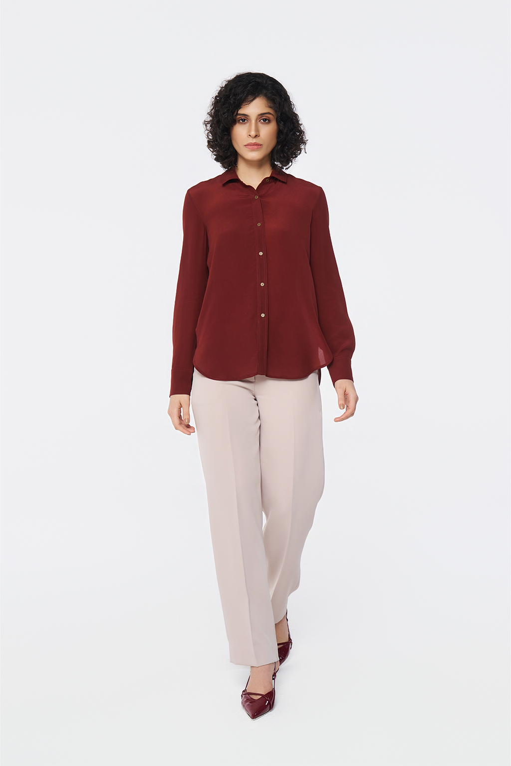Brick Red Long-Sleeve Button-Down Blouse