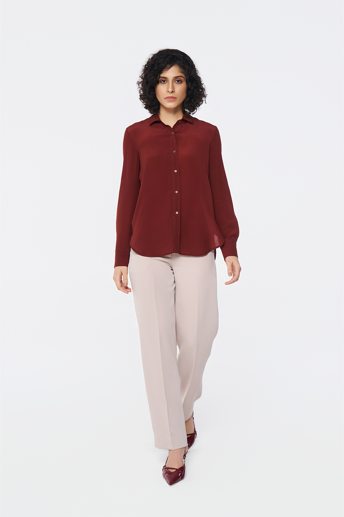 Brick Red Long-Sleeve Button-Down Blouse