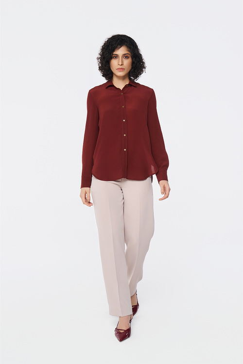 Brick Red Long-Sleeve Button-Down Blouse
