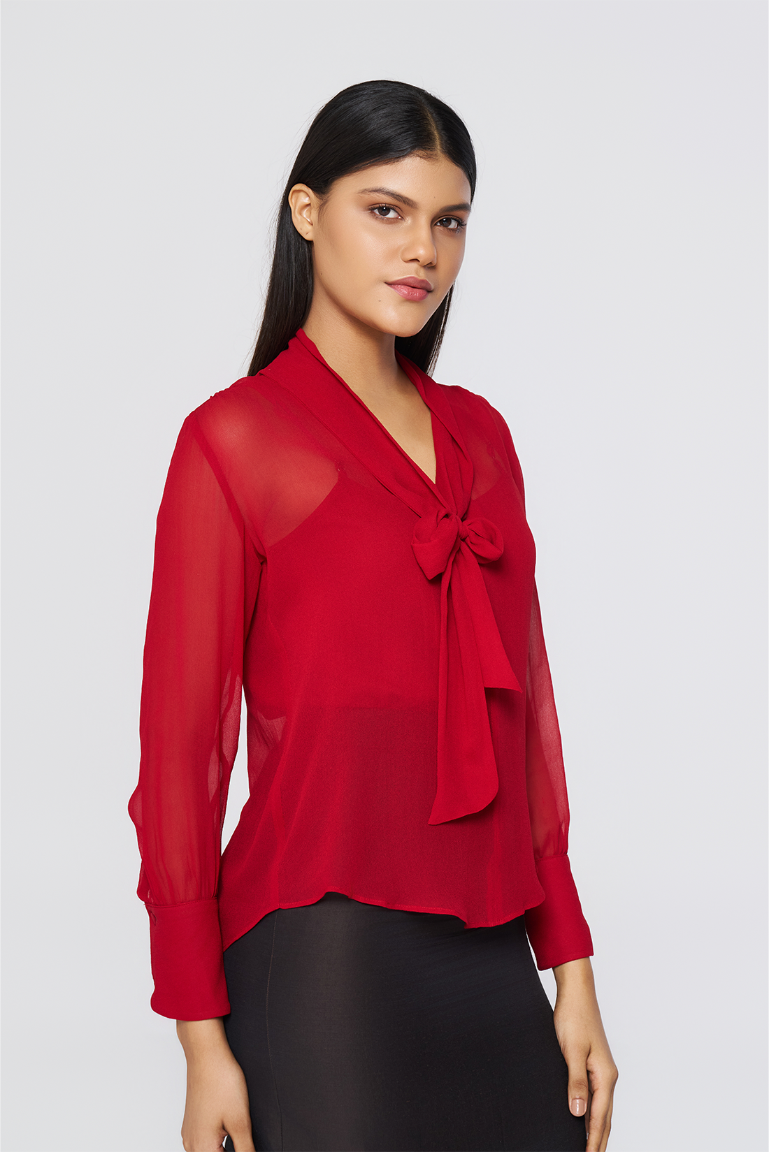 Red Tie-Neck Georgette Blouse
