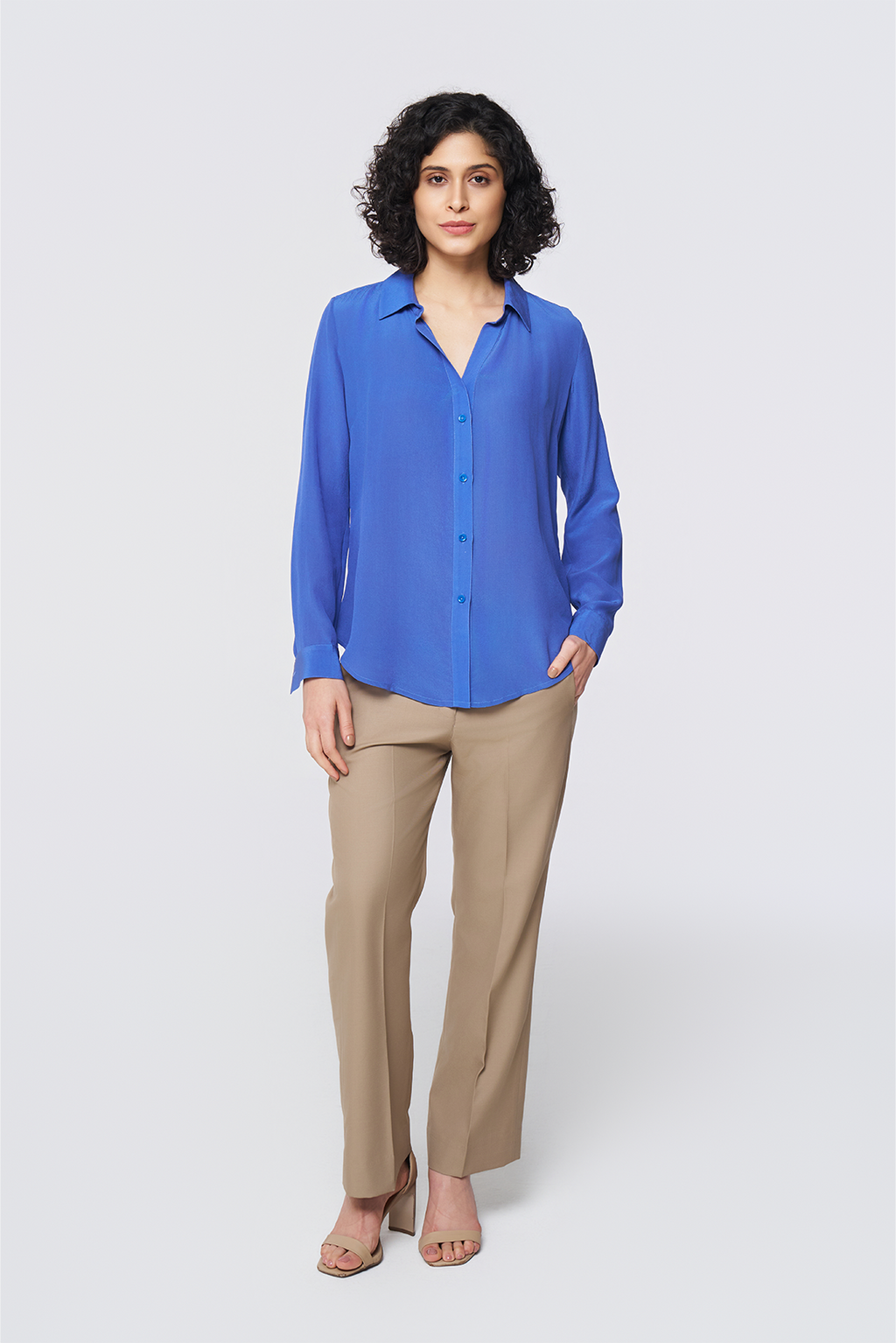 Blue Long-Sleeve Button-Down Blouse