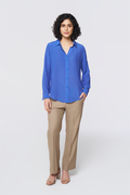 Blue Long-Sleeve Button-Down Blouse