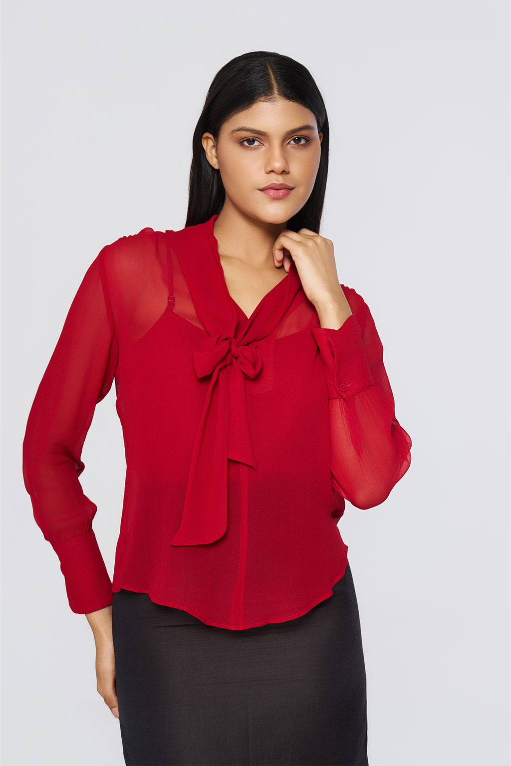 Red Tie-Neck Georgette Blouse