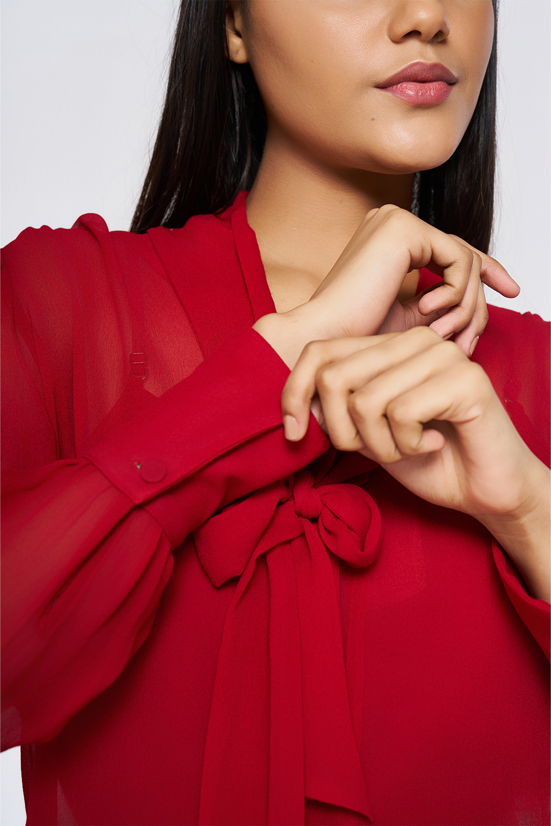 Red Tie-Neck Georgette Blouse