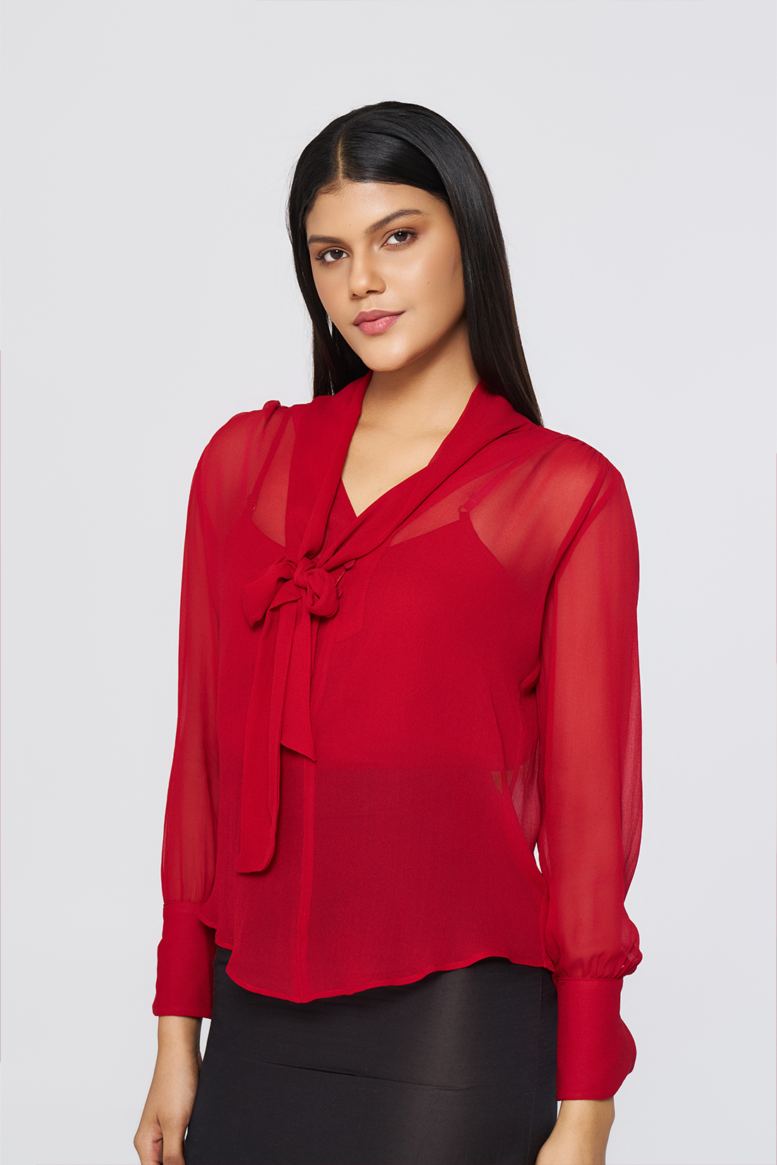 Red Tie-Neck Georgette Blouse