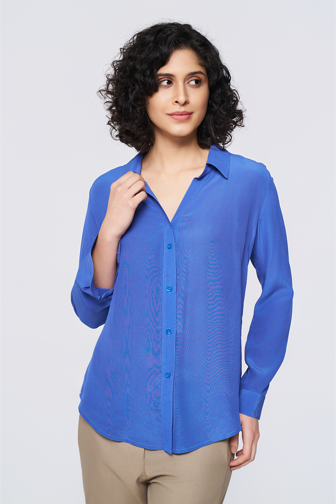 Blue Long-Sleeve Button-Down Blouse