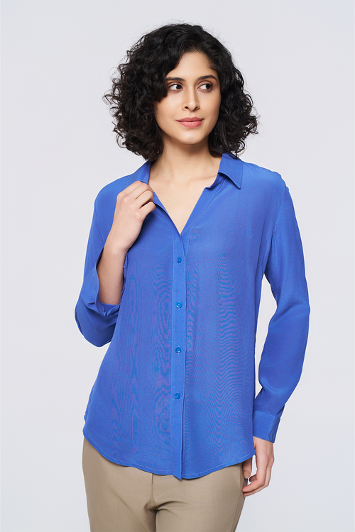 Blue Long-Sleeve Button-Down Blouse