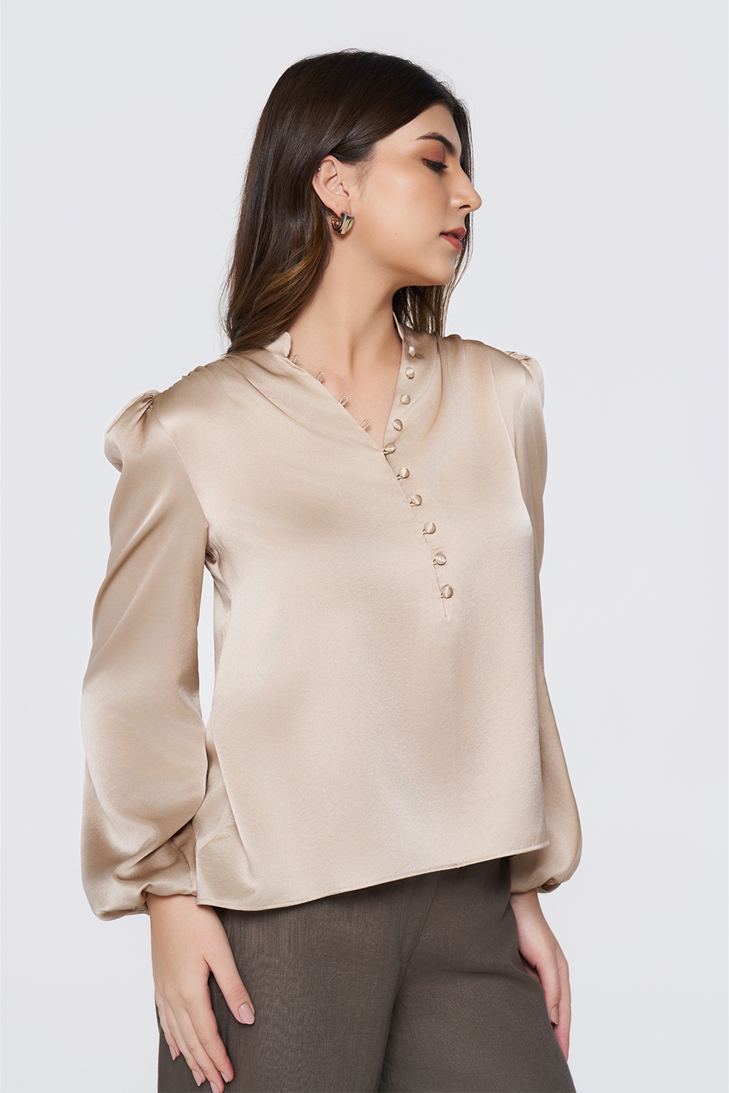 Cream Long-Sleeve Button-Down Blouse