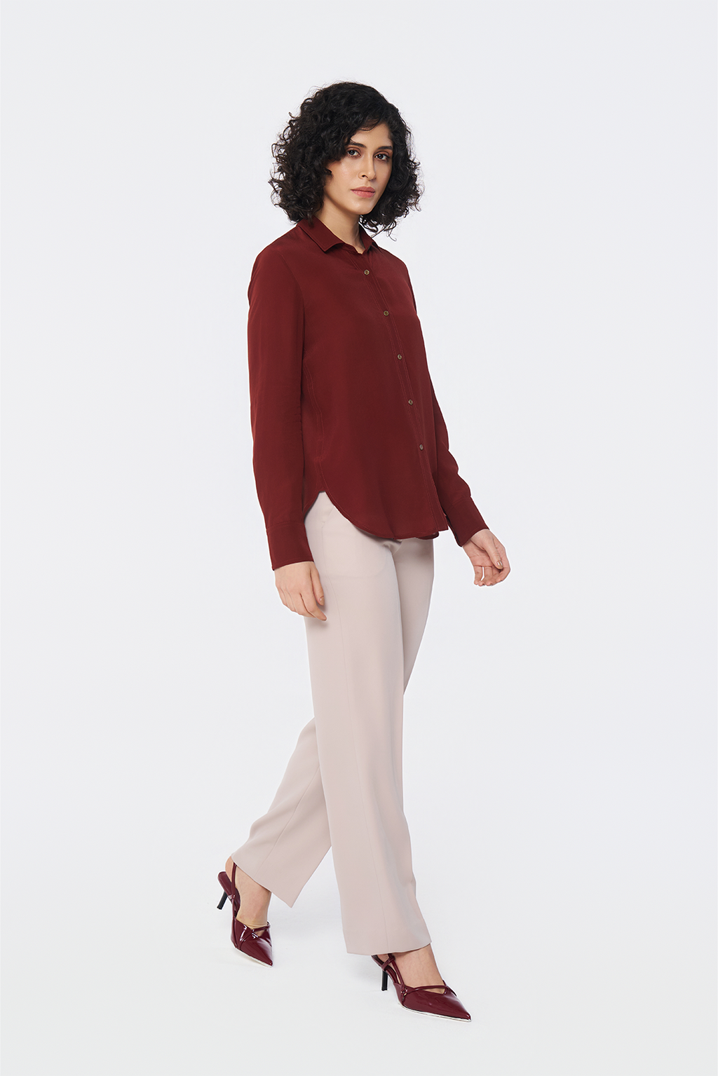 Brick Red Long-Sleeve Button-Down Blouse