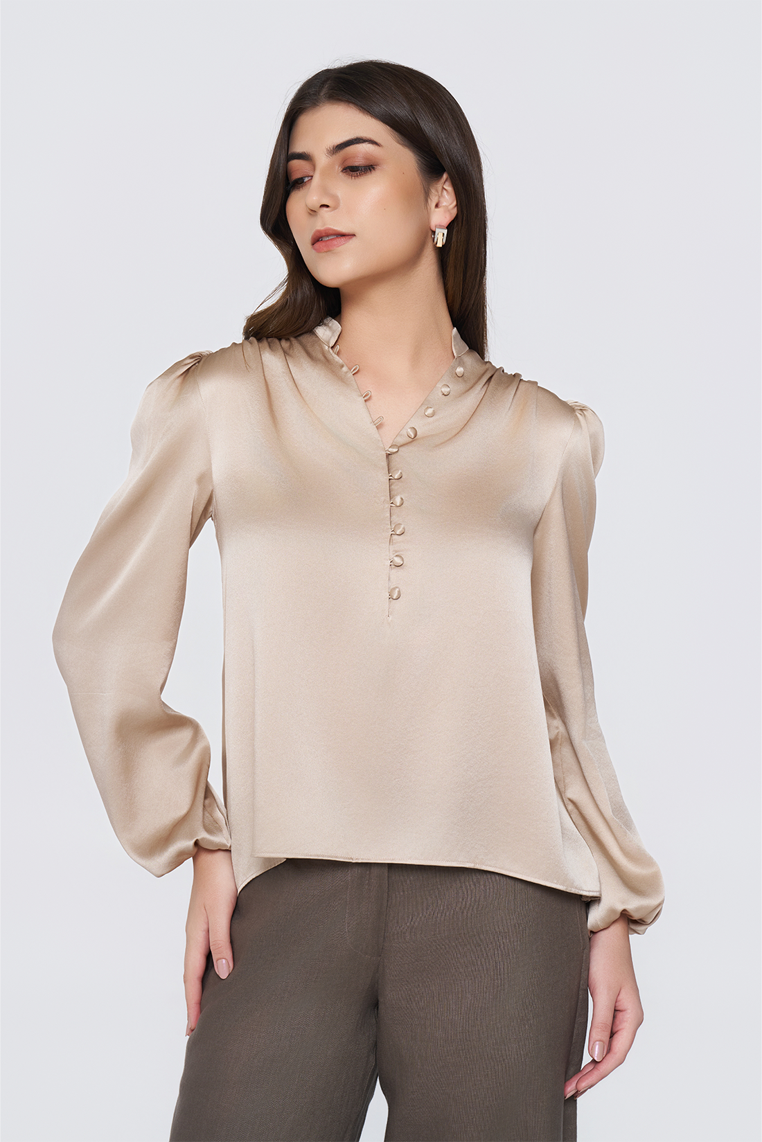 Cream Long-Sleeve Button-Down Blouse