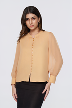 Soft Coral Long-Sleeve Button-Down Blouse