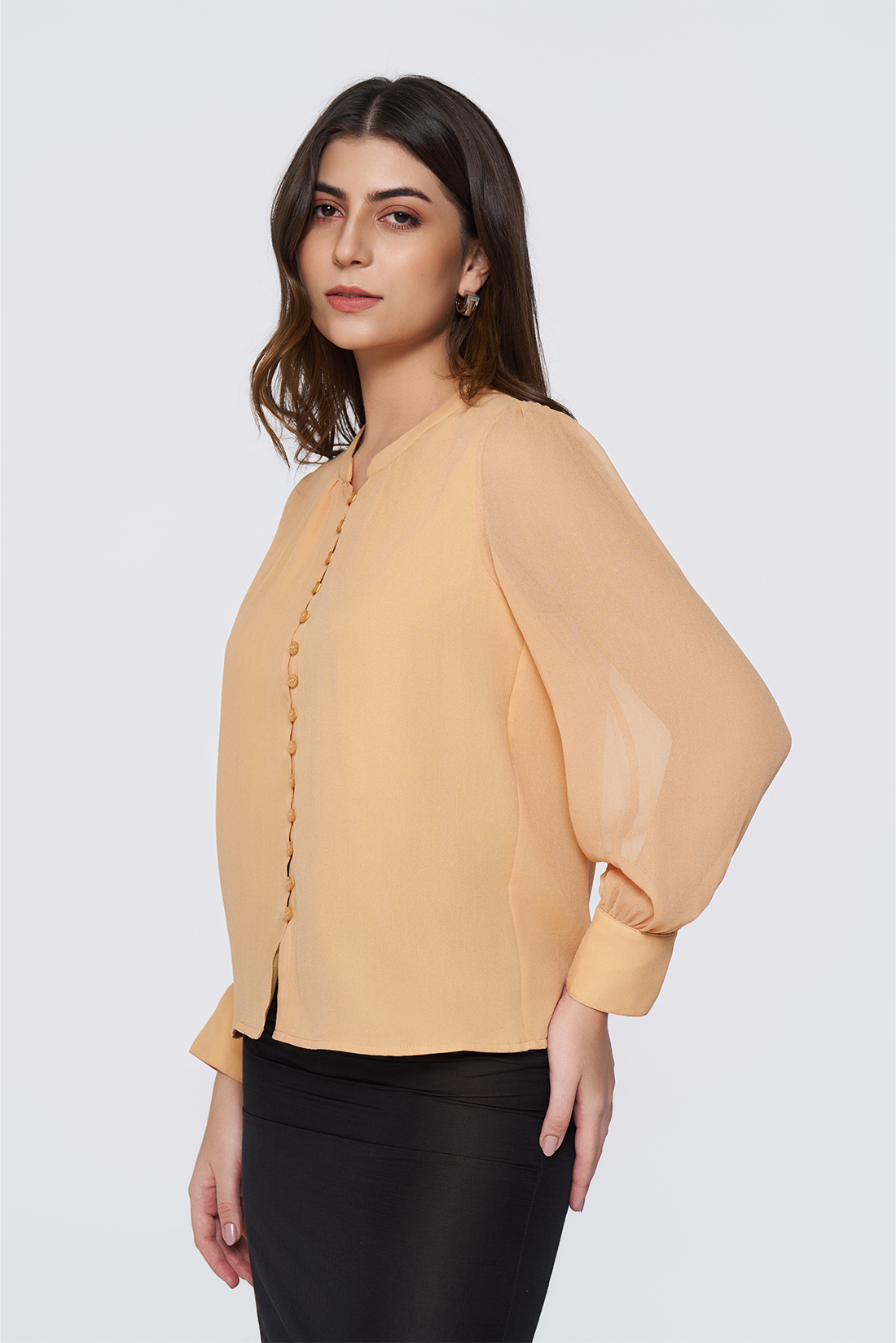Soft Coral Long-Sleeve Button-Down Blouse