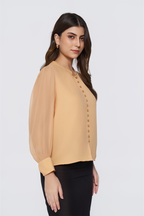 Soft Coral Long-Sleeve Button-Down Blouse