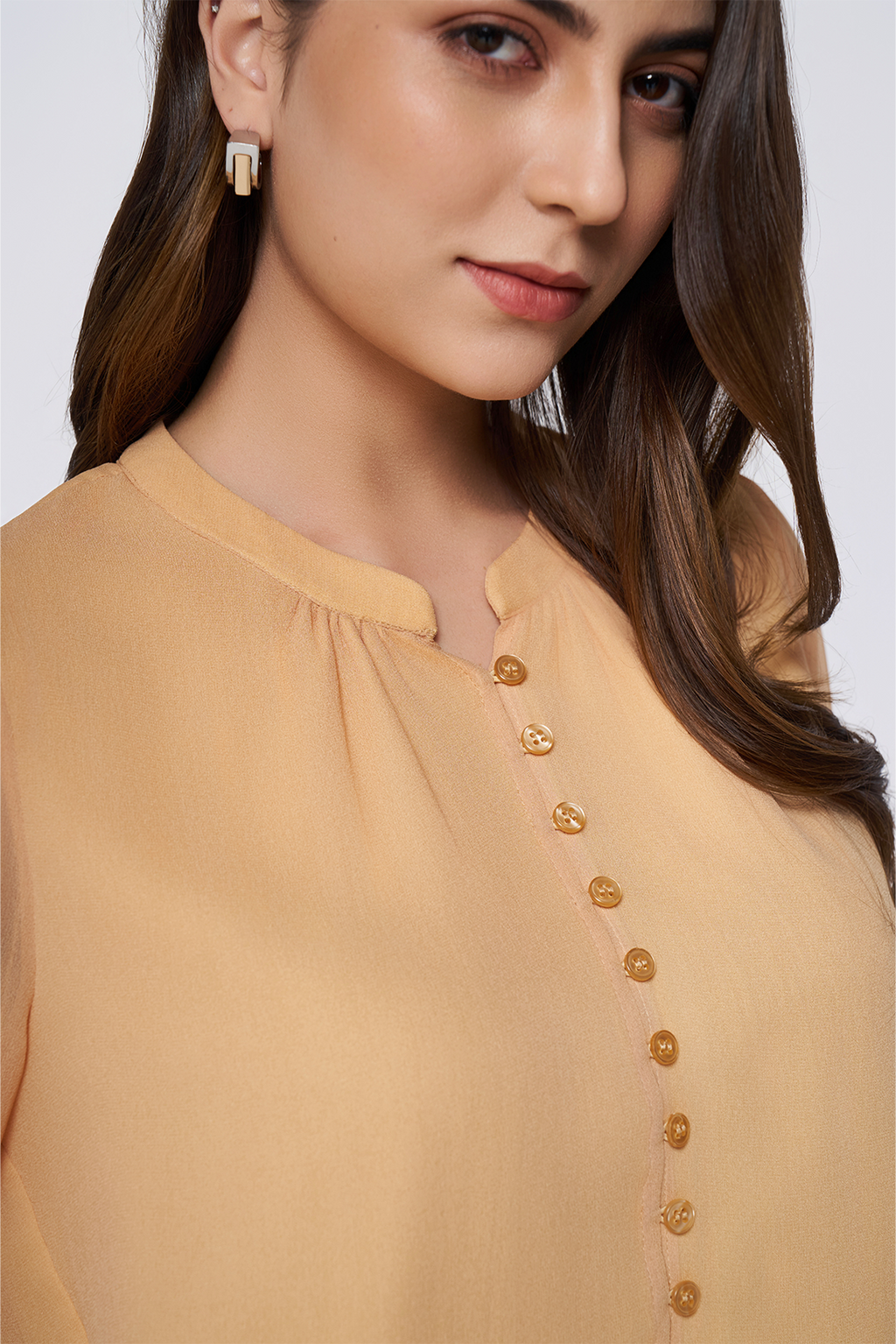 Soft Coral Long-Sleeve Button-Down Blouse