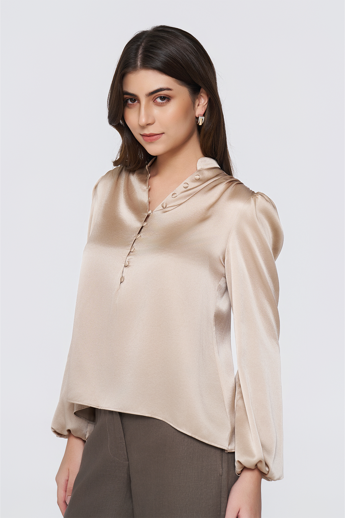 Cream Long-Sleeve Button-Down Blouse