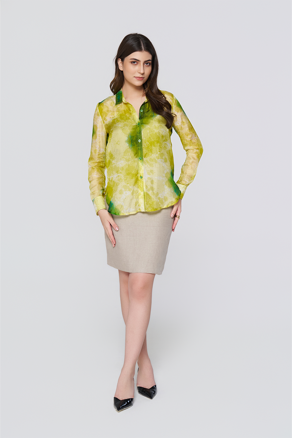 Green Printed Long-Sleeve Button-Down Blouse