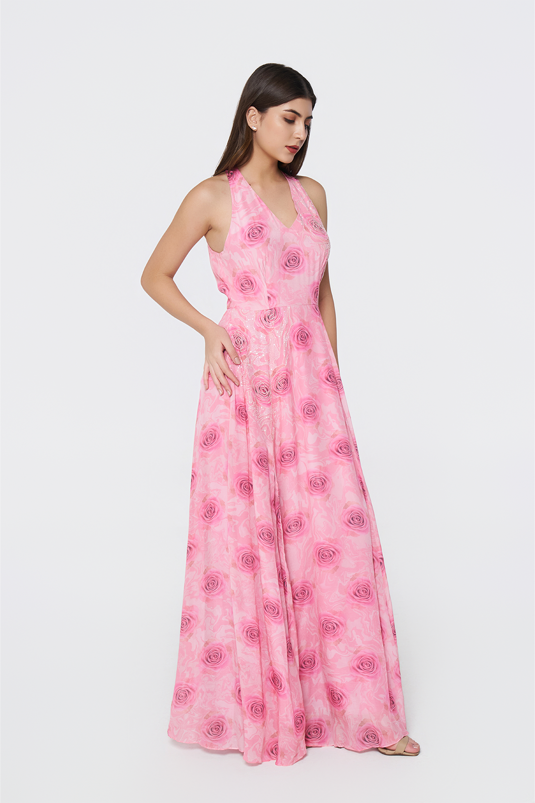 Azure Bloom Crepe Maxi Dress