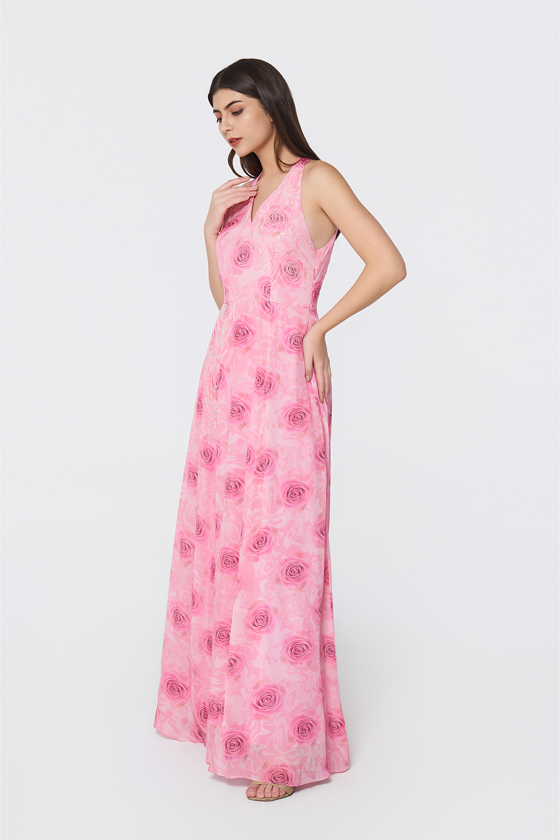 Azure Bloom Crepe Maxi Dress