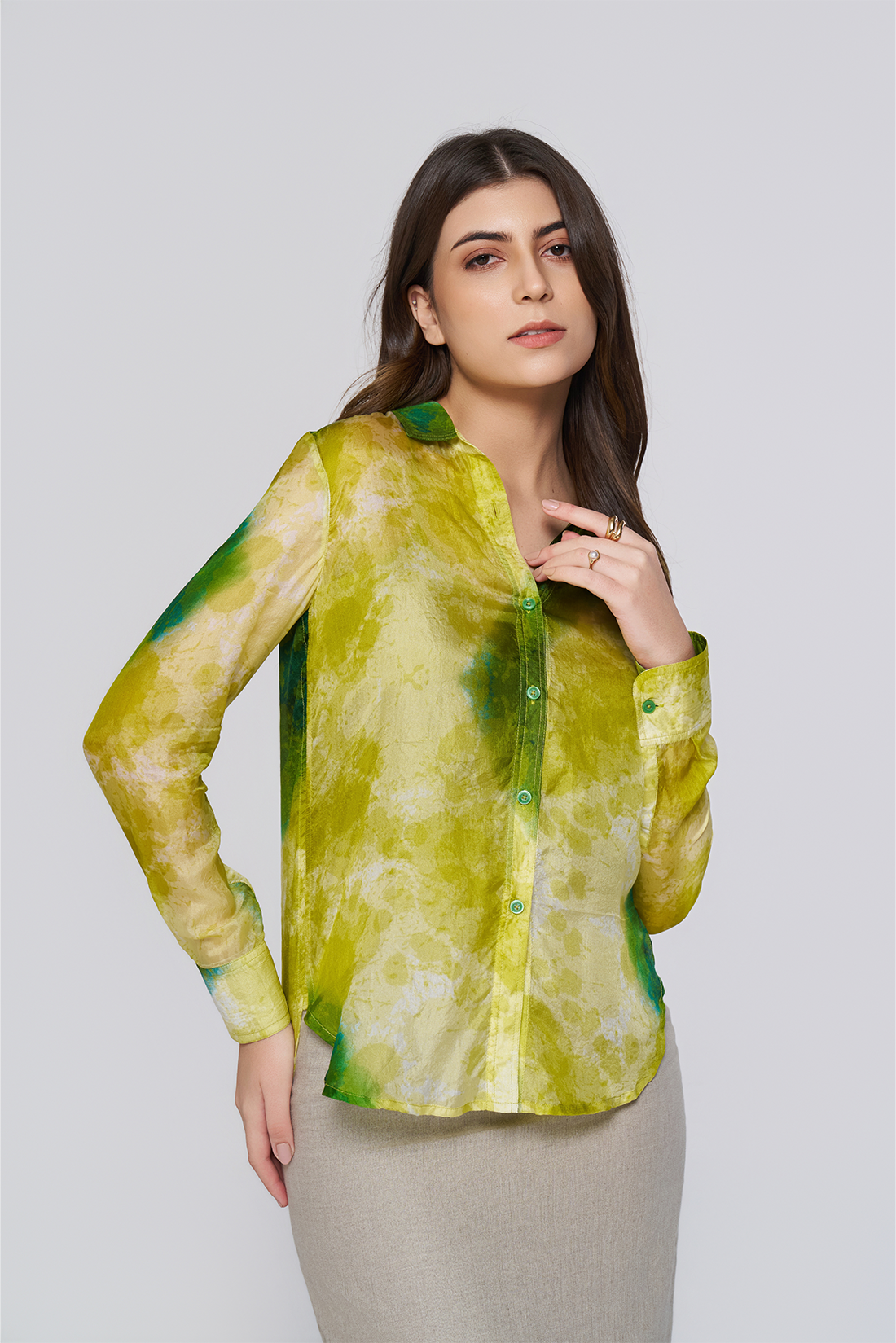 Green Printed Long-Sleeve Button-Down Blouse