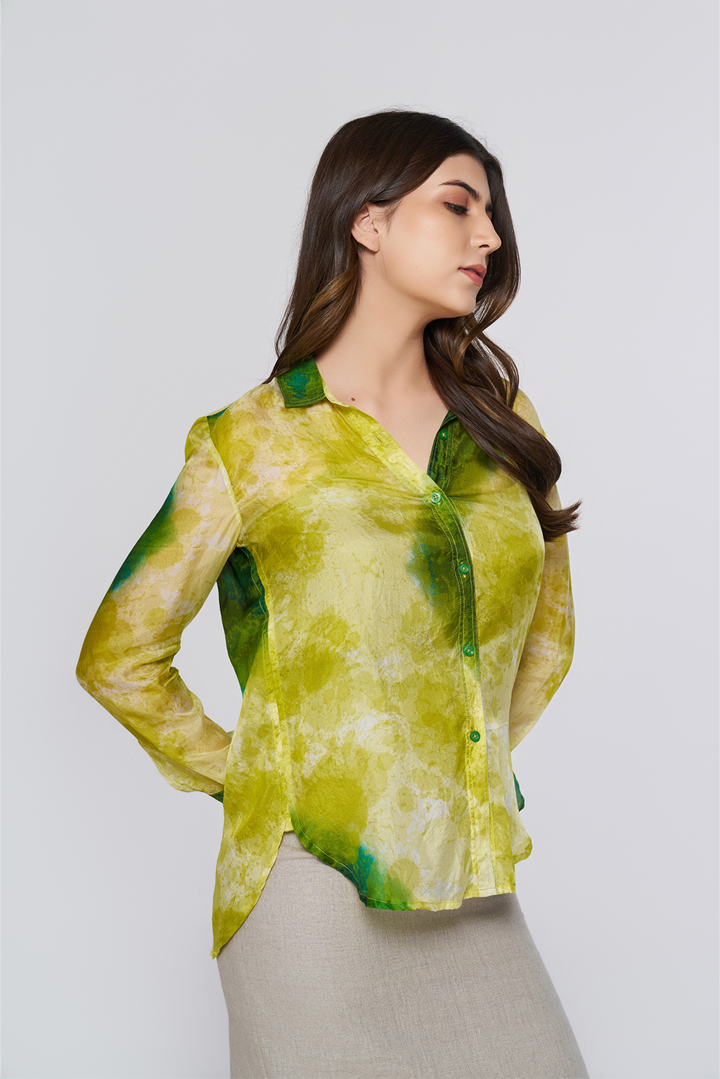 Green Printed Long-Sleeve Button-Down Blouse